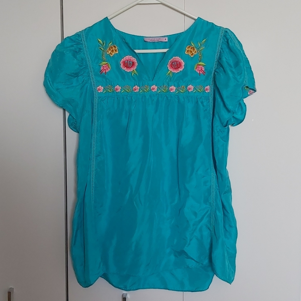 CALYPSO ST. BARTH Embroidered Turquoise Silk Top